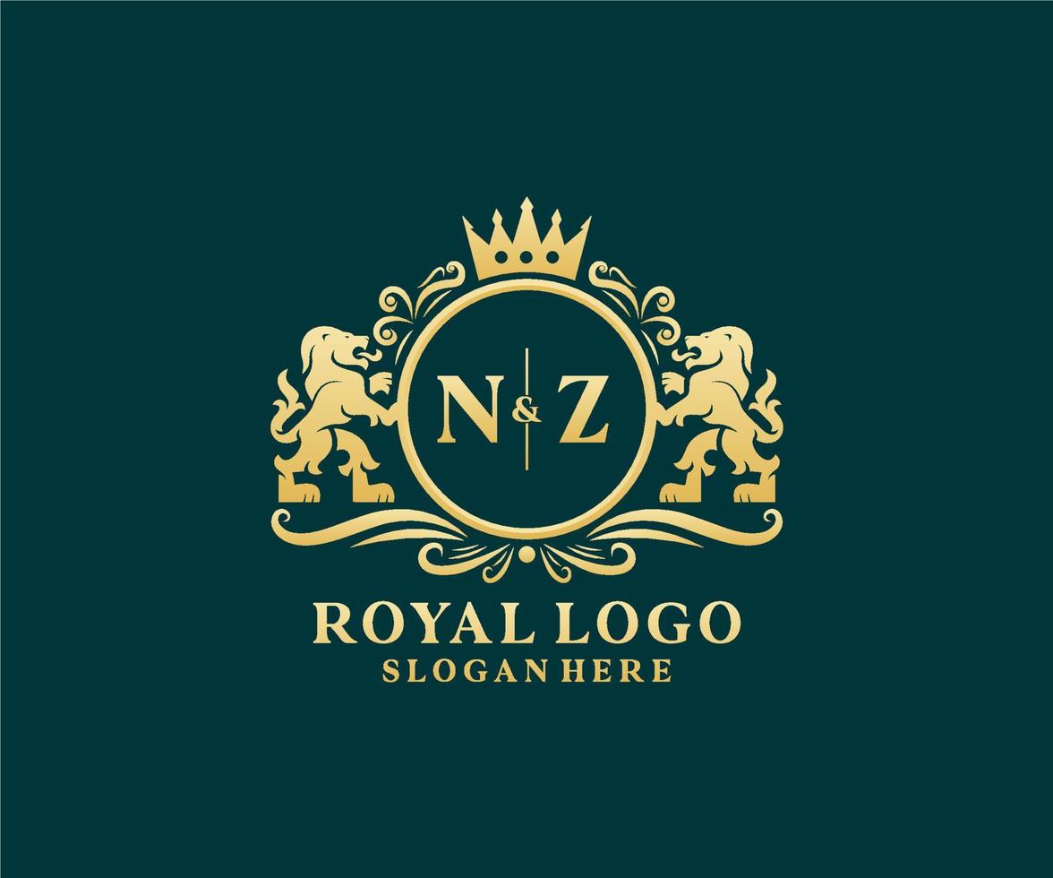 Initial NZ Letter Lion Royal Luxury Logo template in vector art for Restaurant, Royalty, Boutique, Cafe, Hotel, Heraldic, Jewelry, Fashion and other vector illustration.