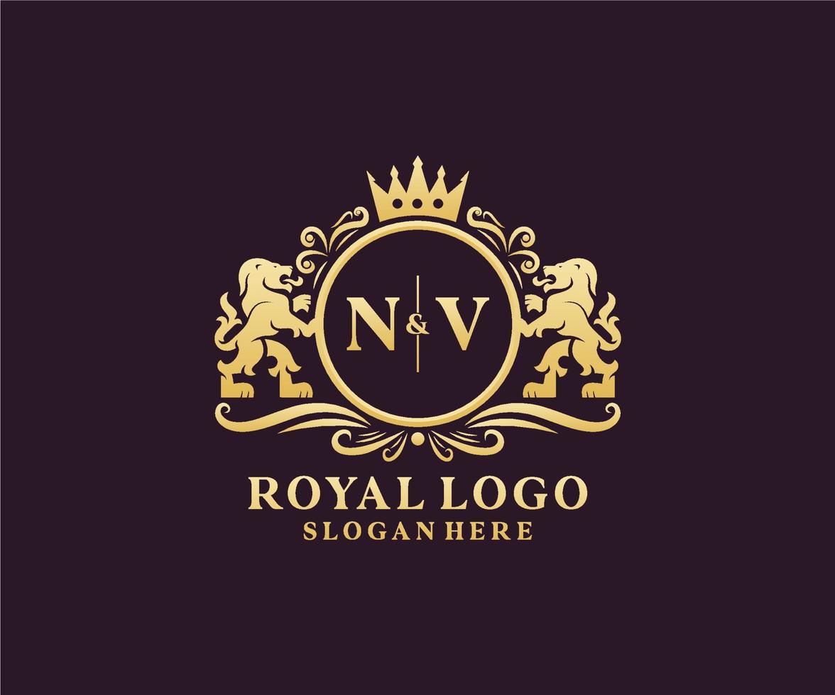 Initial NV Letter Lion Royal Luxury Logo template in vector art for Restaurant, Royalty, Boutique, Cafe, Hotel, Heraldic, Jewelry, Fashion and other vector illustration.