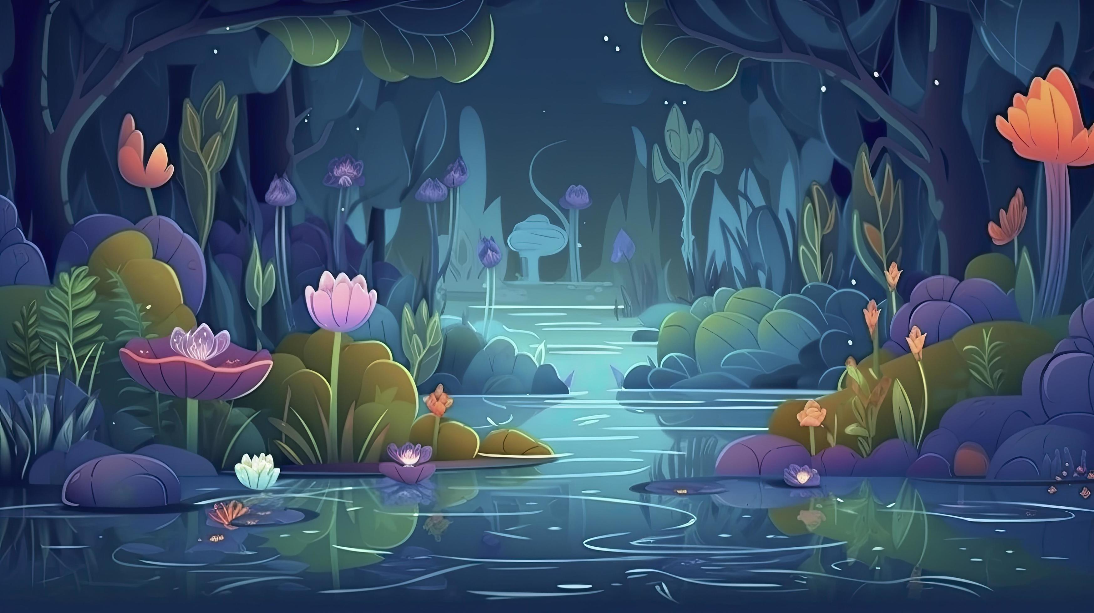 A magical fairytale landscape with a forest lake, enchanted garden, and a  mysterious blue background, Generate Ai 22716830 Stock Photo at Vecteezy