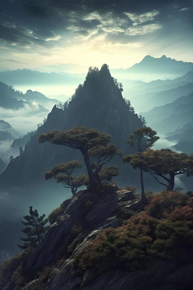 dramatic mountain range tree, vegetation, clouds, style of adventure time, concept art, Generate Ai photo