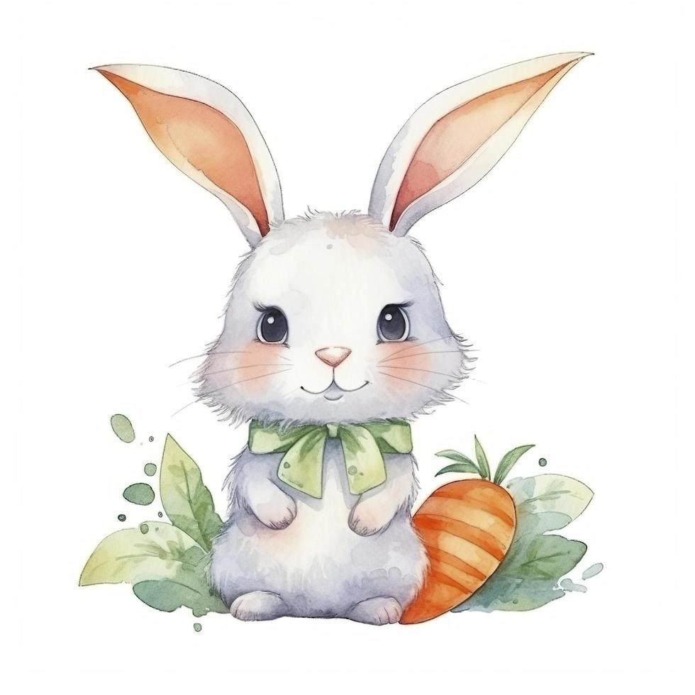 simple Kawaii cute pretty rabbit, carrot,sheet of parts, watercolor, white background, generat ai photo