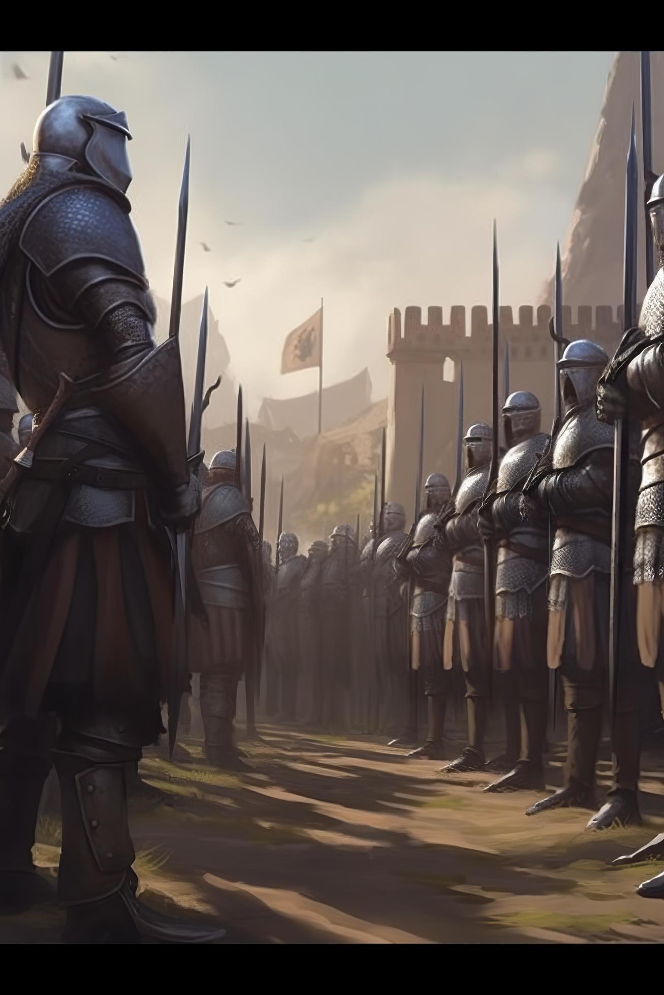 generar un 2d imagen de un medieval Ejército en formación con soldados ...