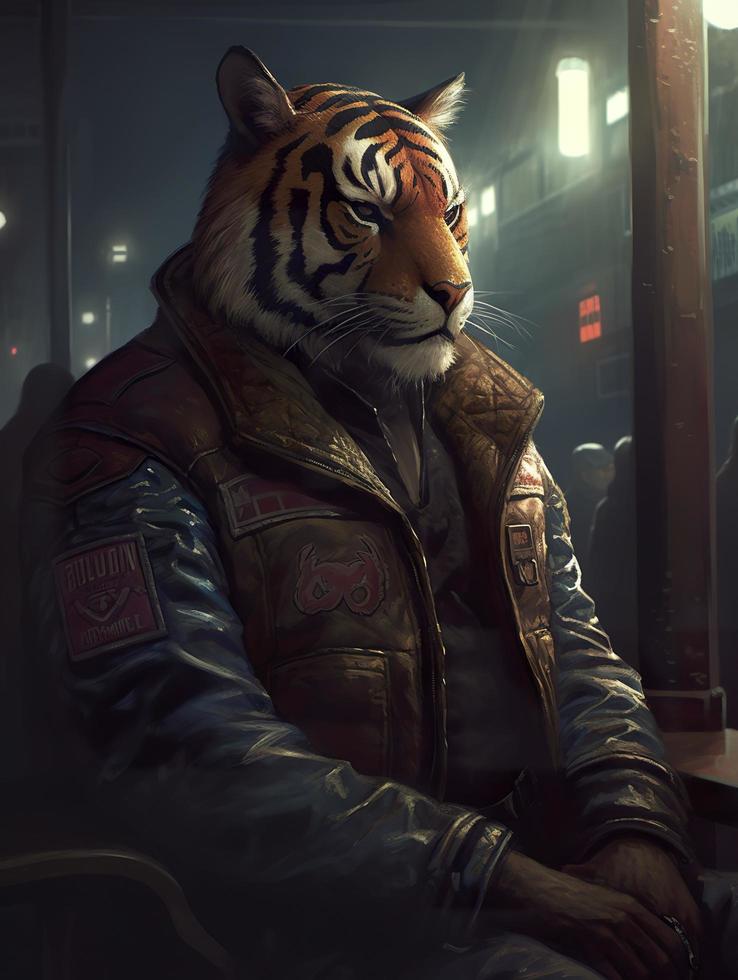 a chubby but strong tiger living in the cyberpunk city, tiger head, wearing a big leather jacket, chilling, full body, grumpy face, realistic oil painting, generat ai photo