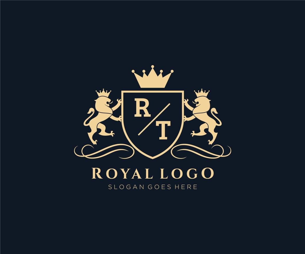 inicial rt letra león real lujo heráldica,cresta logo modelo en vector Arte para restaurante, realeza, boutique, cafetería, hotel, heráldico, joyas, Moda y otro vector ilustración.
