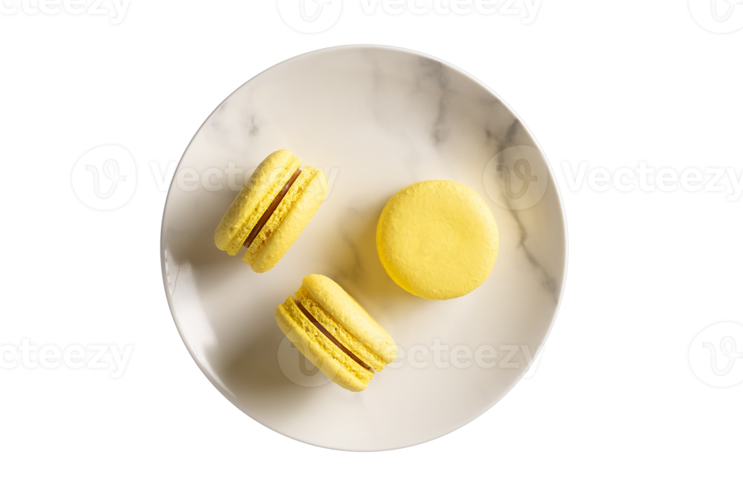 White plate with yellow french macarons isolated on a transparent background png