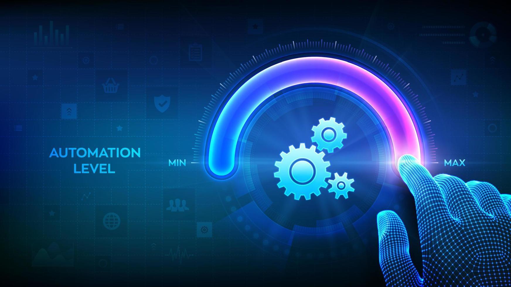 Increasing automation level. RPA Robotic process automation innovation technology concept. Wireframe hand is pulling up to the maximum position circle progress bar with the gears icon. Vector. vector