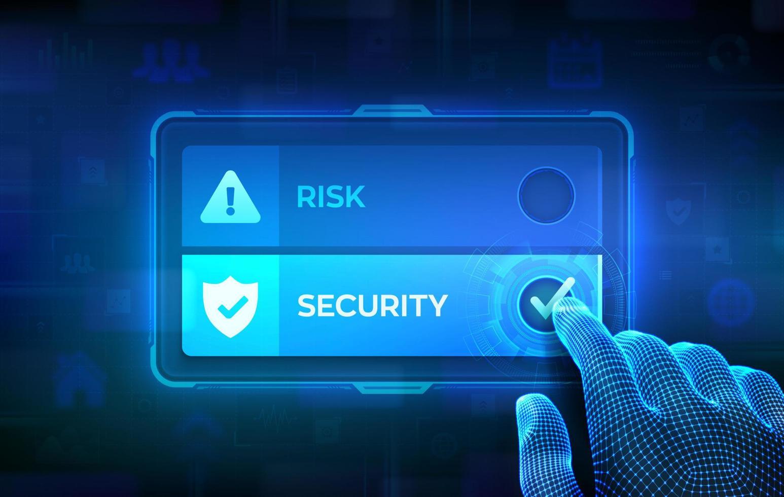 Risk or Security. Making decision. Risk management business concept. Work safety. Danger surveillance. Hand on virtual touch screen ticking the check mark on Security button. Vector illustration.