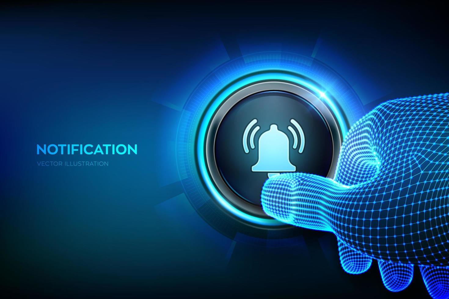 Notification button. Notification message icon. Alarm, alert symbol. Closeup finger about to press a button with bell sign. Vector illustration.
