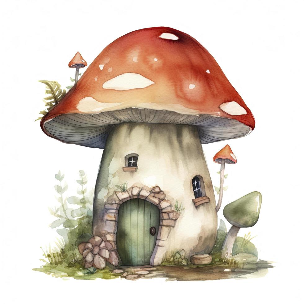 flat art of a small Mushroom House, digital Watercolor Art Isolated on white, Generate Ai photo