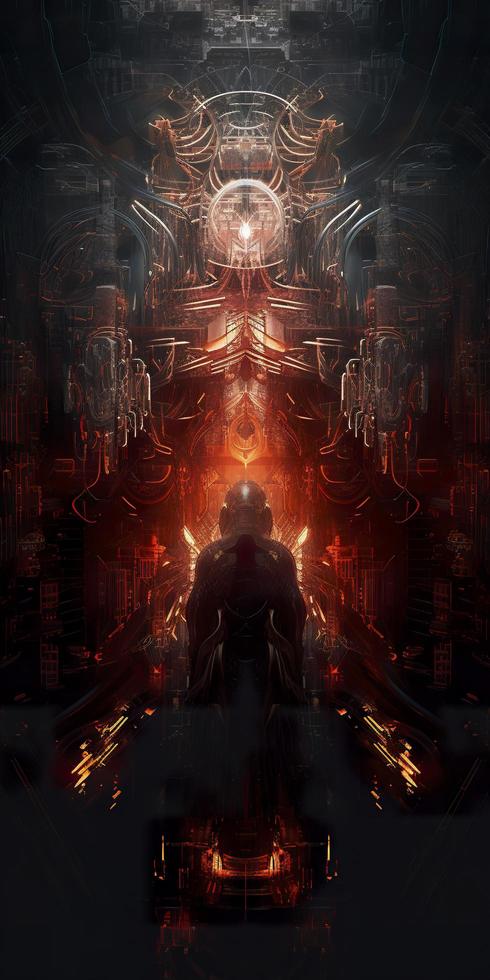 intricate elaborate ornate symmetrical hexagonal gelatinous silicon made of illuminated fiber optic liquid plasma, outlined with intricate vibrant red holographic circuit board patterns, generat ai photo
