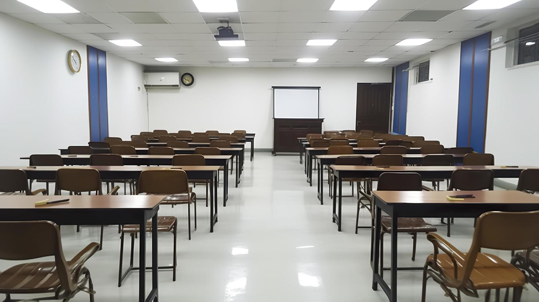 Photo of lecture chairs and tables, generat ai