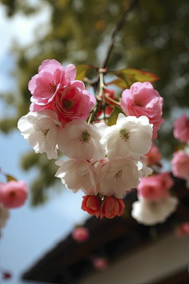 Spring, super real many pink and white silk crabapple flowers hanging on the shelf, pink and white petals, blue sky, generat ai photo