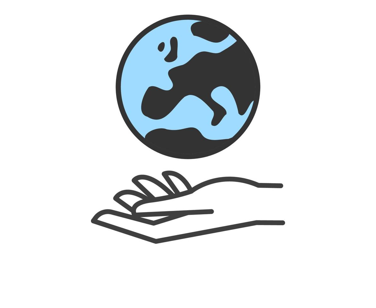 Hand holding planet earth. World environment conservation linear icon. Human protect nature. Save the planet. vector