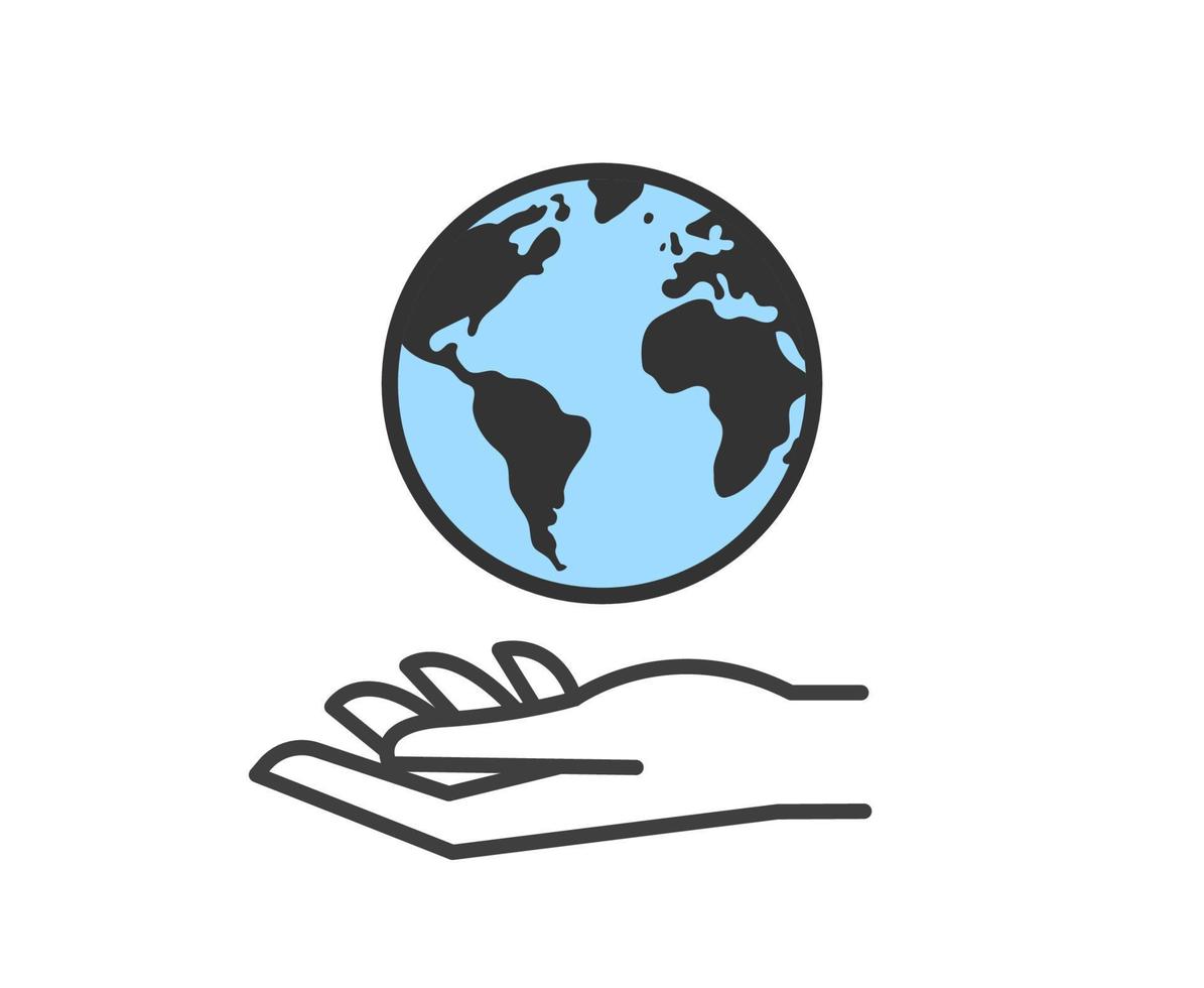 Hand holding planet earth. World environment conservation linear icon. Human protect nature. Save the planet. vector