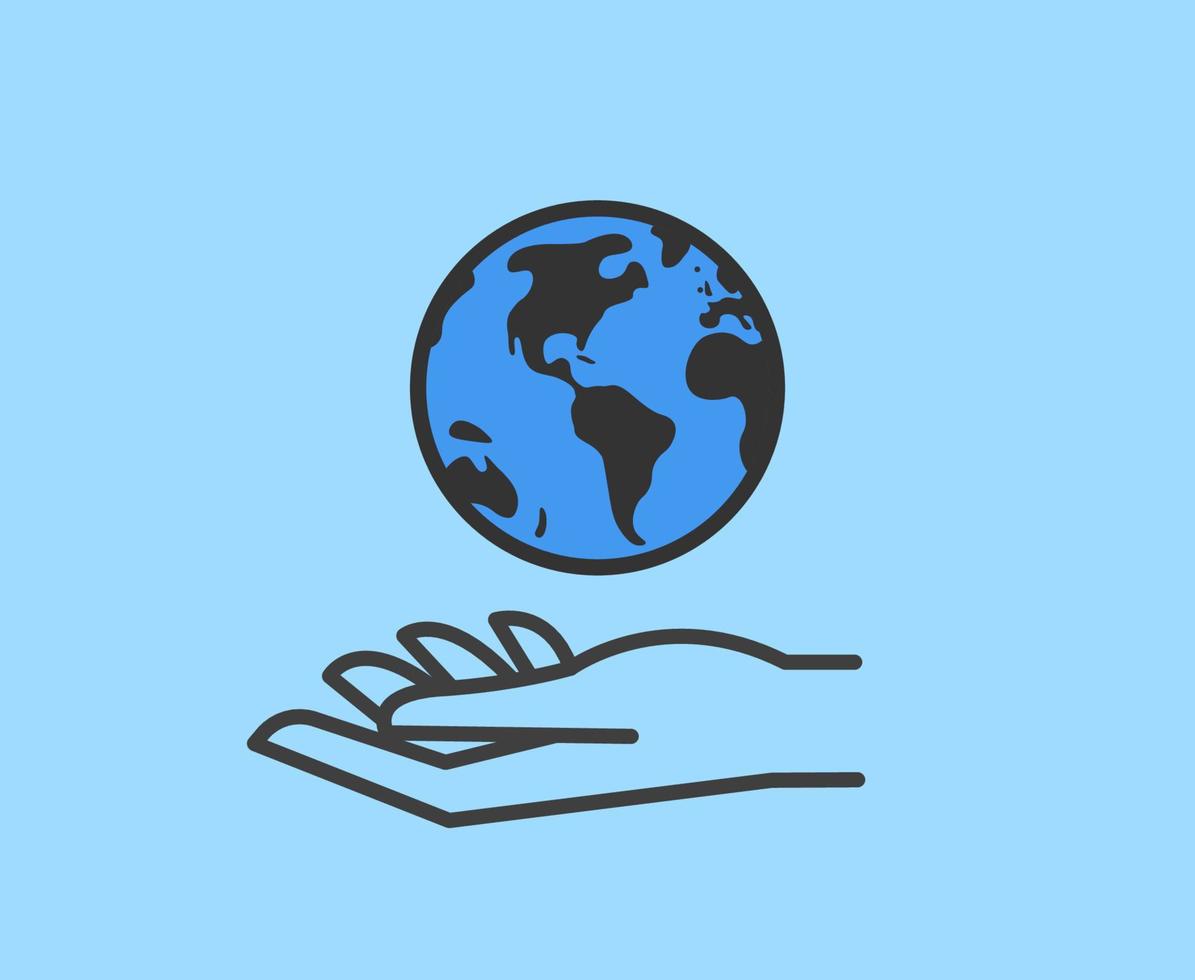 Hand holding planet earth. World environment conservation linear icon. Human protect nature. Save the planet. vector