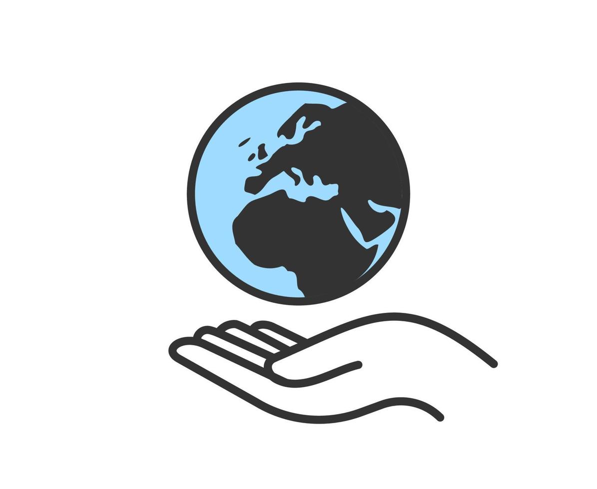 Hand holding planet earth. World environment conservation linear icon. Human protect nature. Save the planet. vector