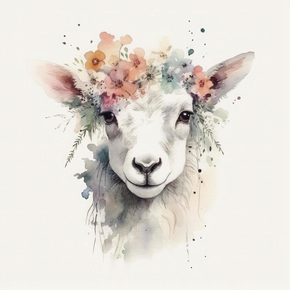 Water color full frame animals with flowers on white background, soft colors, minimalist, Generate Ai photo