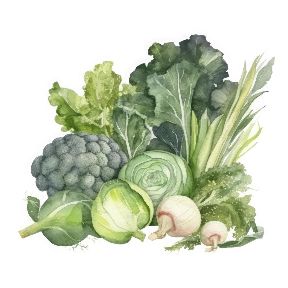 fresh green vegetables watercolor no  white background, Generate Ai photo