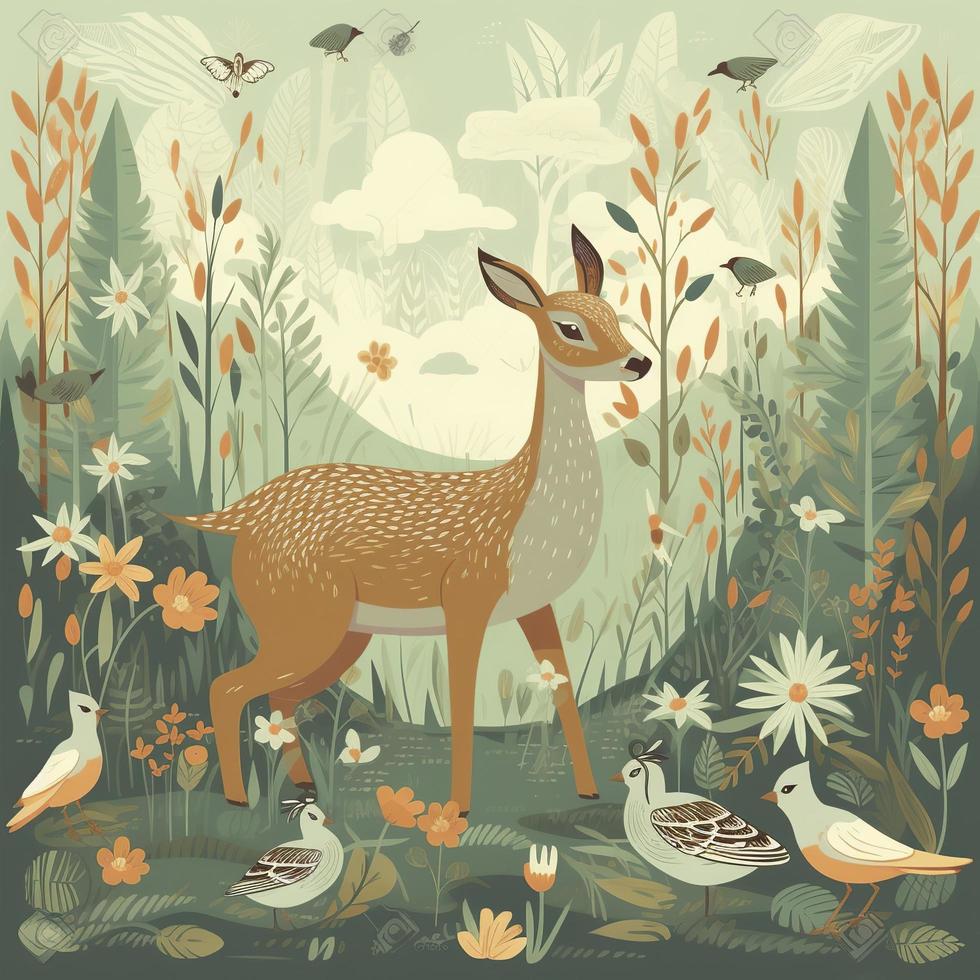 spring forest with fawn and birds in Picard style, generat ai photo