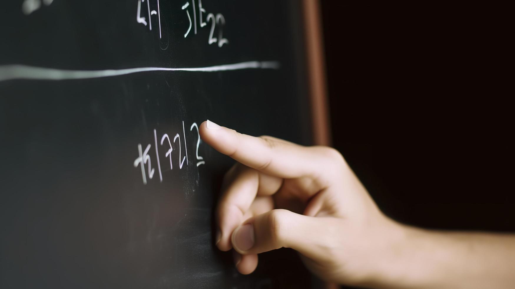 Photo aged math teacher writing formula on chalkboard, generat ai