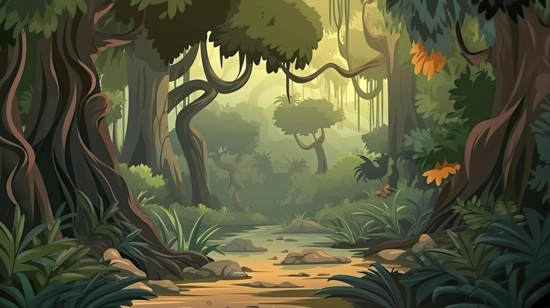 Jungle with trees scene in a cartoon theme, generat ai photo