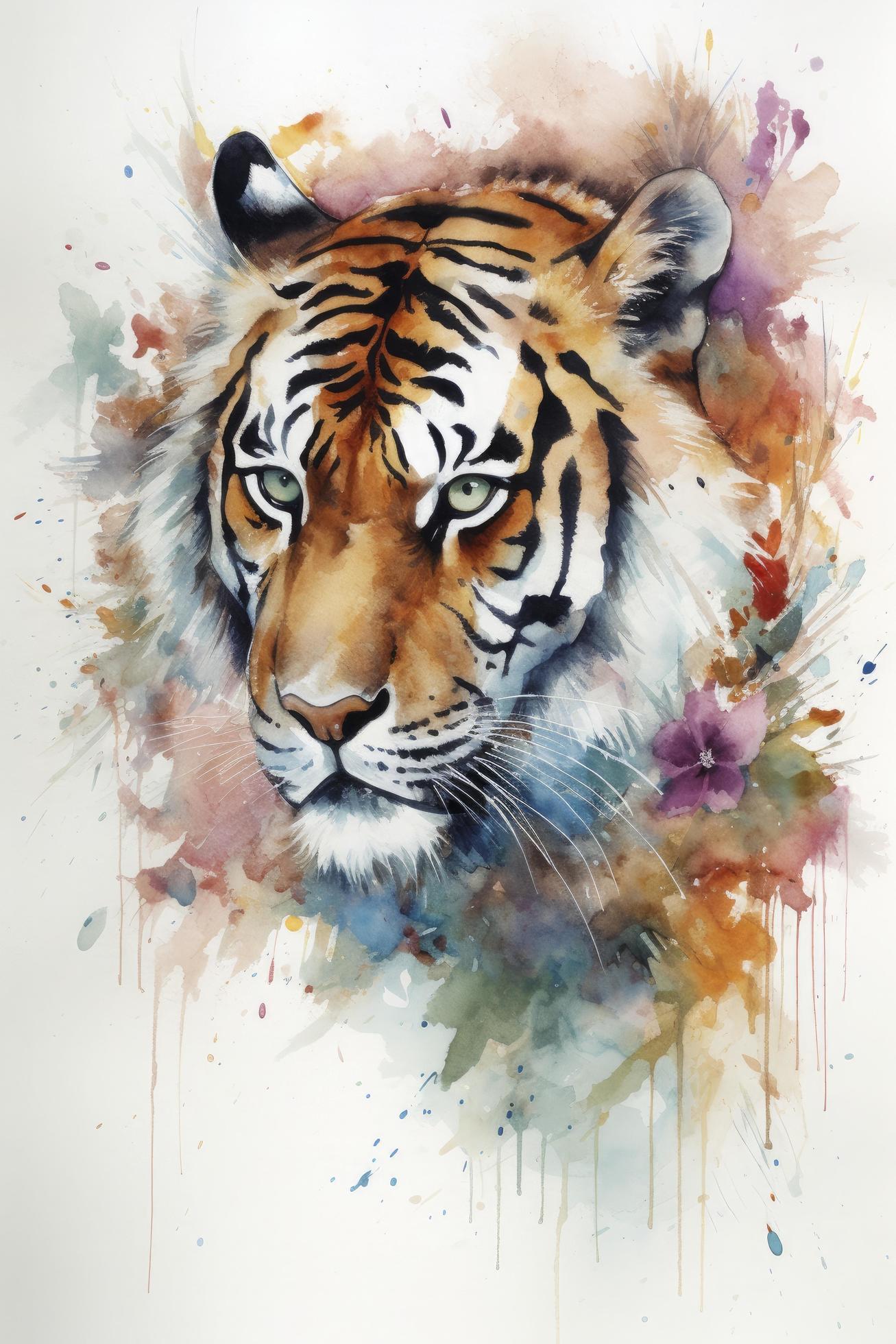 watercolor painting of a tiger with beautiful natural forms with