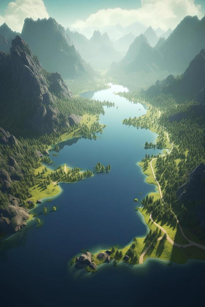 top view of fantasy lake mountains in the background, fantasy environment, octane render, Generate Ai photo