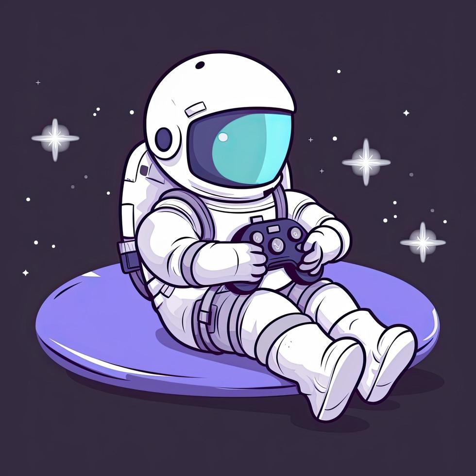 linda astronauta frío relajación en juego controlador dibujos animados icono ilustración. tecnología Ciencias icono concepto aislado. plano dibujos animados estilo, generar ai foto