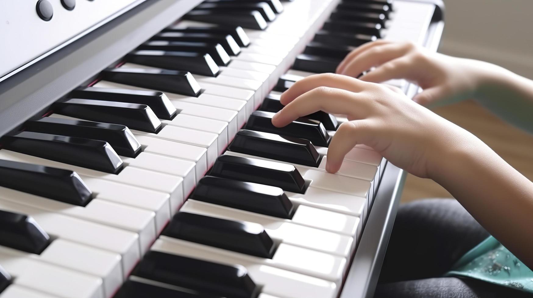 Free photo little girl learns to play the piano with online distance learning music, generat ai