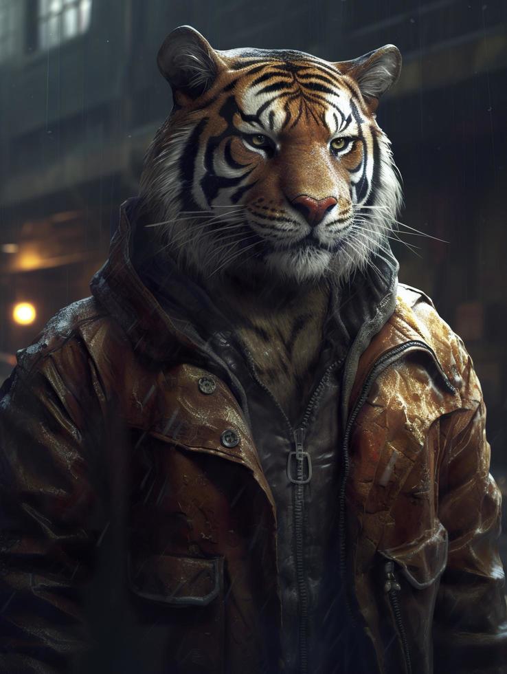 un gordito pero fuerte Tigre vivo en el cyberpunk ciudad, Tigre cabeza, vistiendo un grande cuero chaqueta, espeluznante, lleno cuerpo, gruñón rostro, realista petróleo cuadro, generar ai foto