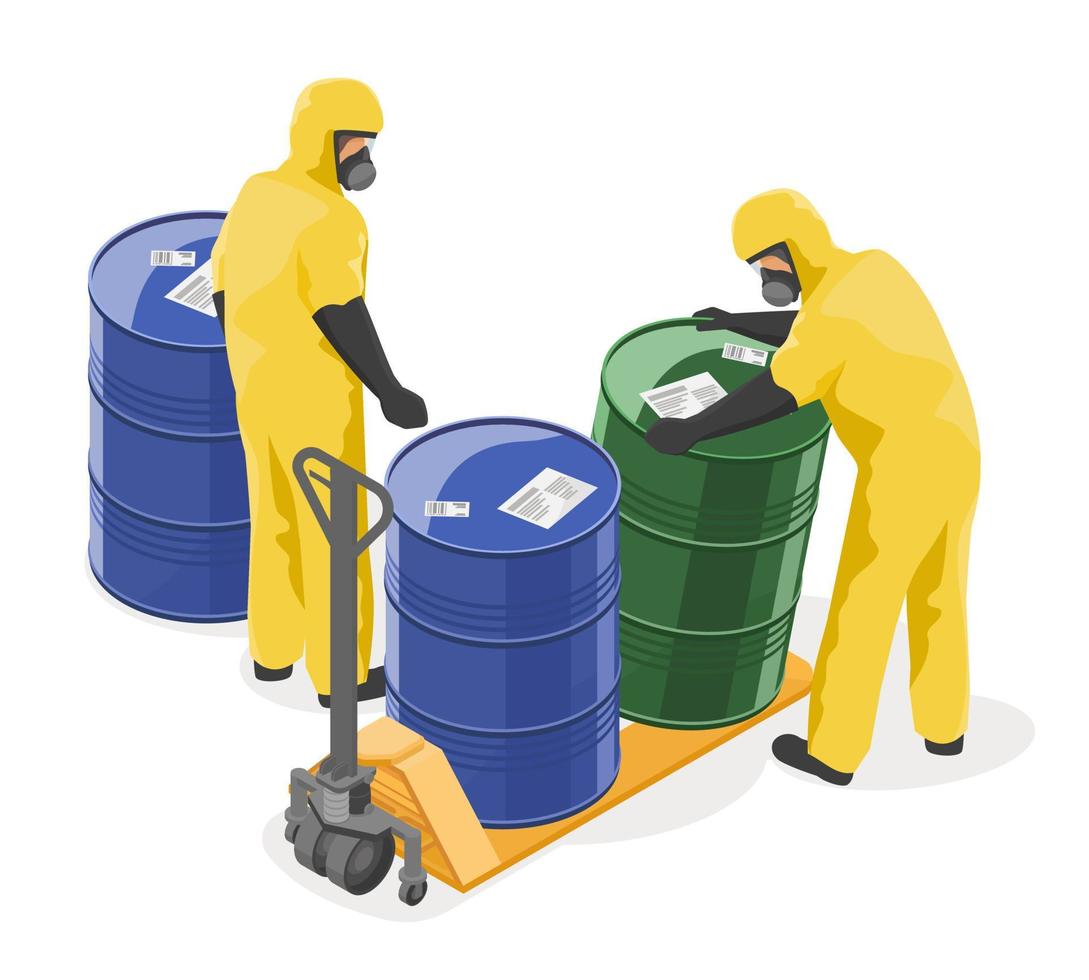 Hazardous Waste Disposal concept isometric workers in Yellow Hazard Suit using Handlift to move danger chemical tank in industry zone illustration isolated cartoon vector