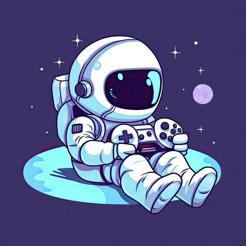 Cute astronaut chill relaxation on game controller cartoon icon illustration. technology science icon concept isolated. flat cartoon style, generat ai photo