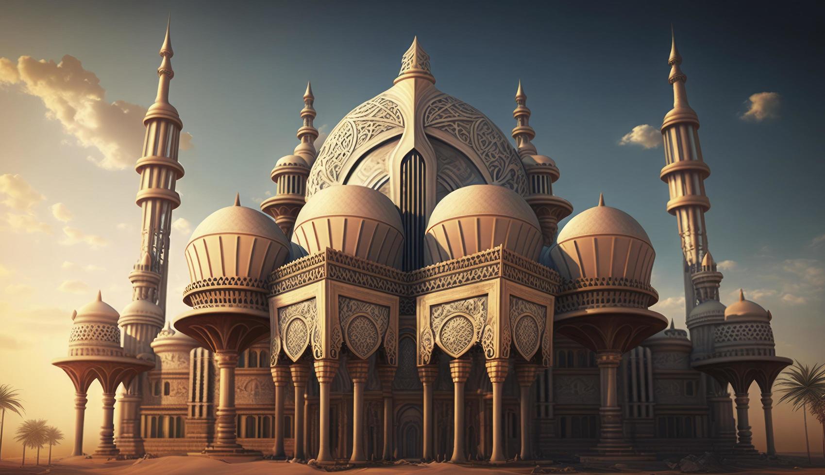 ilustración de increíble arquitectura diseño de musulmán mezquita Ramadán Kareem, islámico arquitectura antecedentes Ramadán Kareem, islámico mezquita, ramdán, ramzán, eid, cultura, árabe, generar ai foto