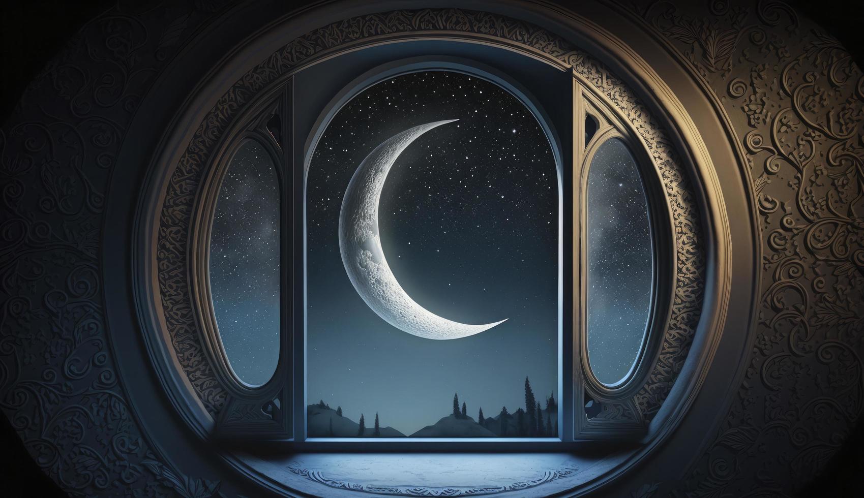 Mystical window with crescent moon in night sky, Islamic greeting Eid Mubarak for Muslim Holidays. Eid-Ul-Adha festival celebration. Arabic Ramadan Kareem, Generate Ai photo