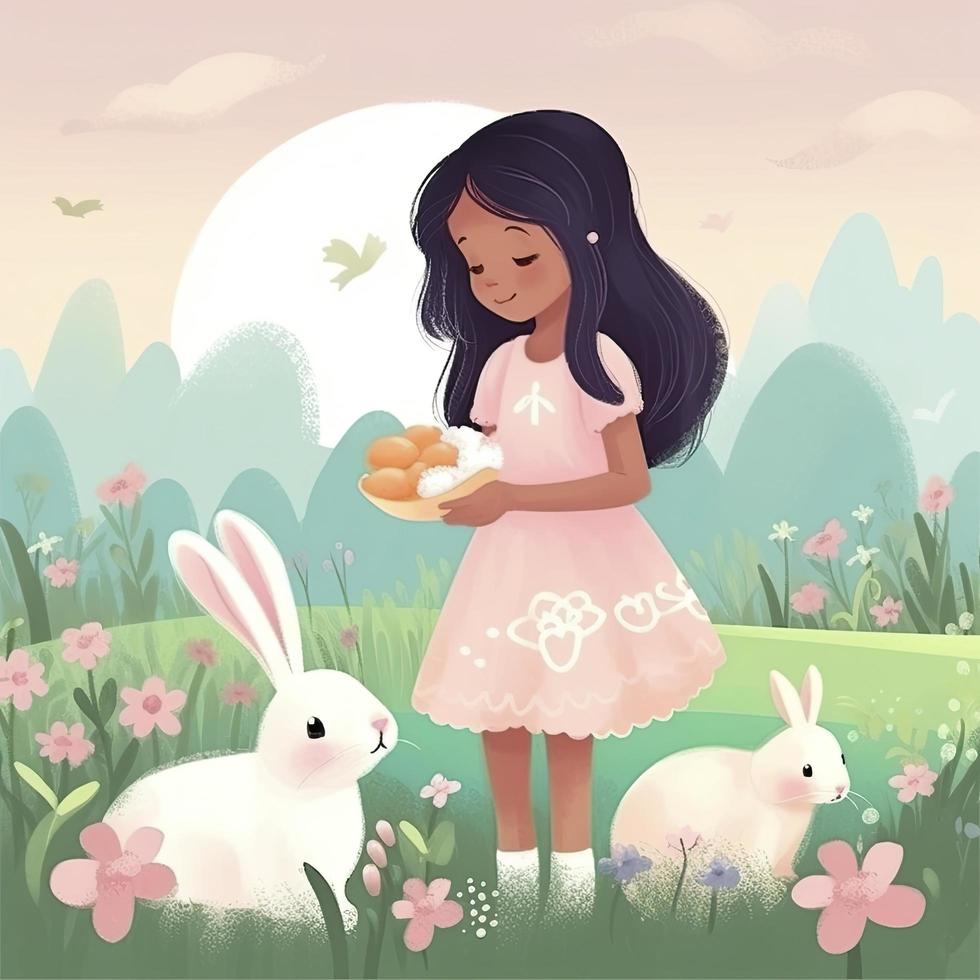 style Nidhi Chanani a little girl in a smart dress, together with a small fluffy bunny, collect colorful Easter eggs in the grass against the backdrop of a spring flowering meadow, generat ai photo