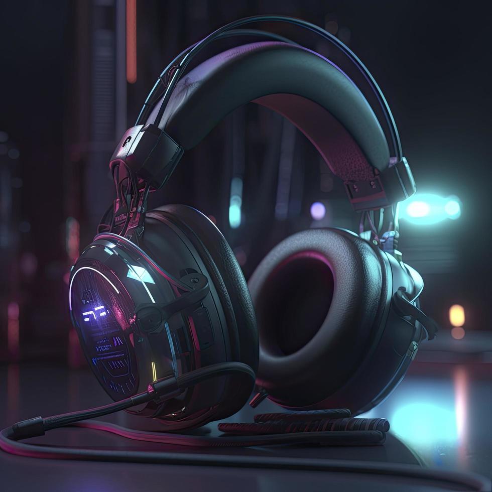 headphones with neon with neon background, generat ai photo