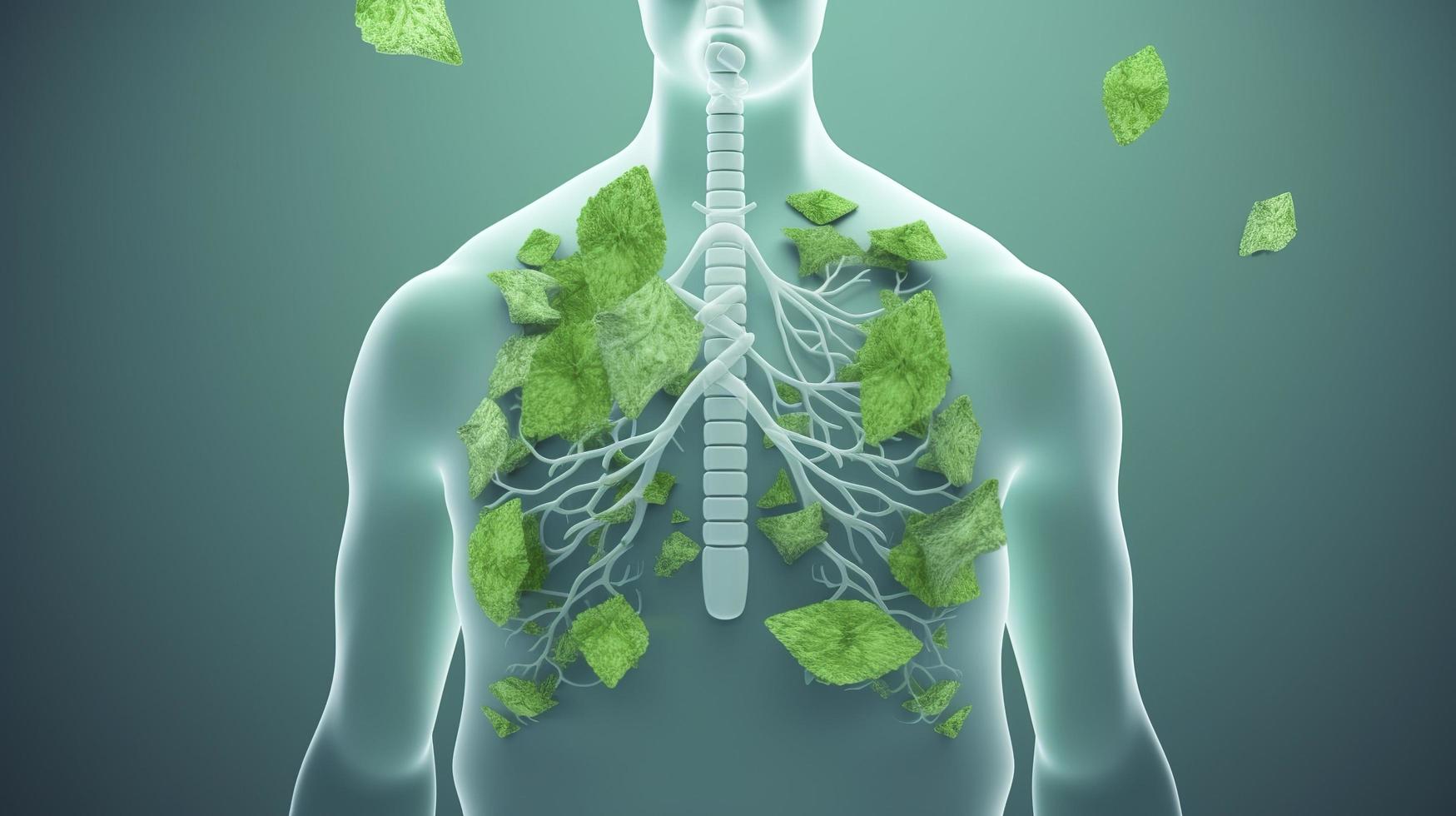 Photo image human lungs made of green leaves on the background of male body fresh breath pneumonia prevention smoking modern design magazine style copy space 3d illustration 3d rendering, generat ai