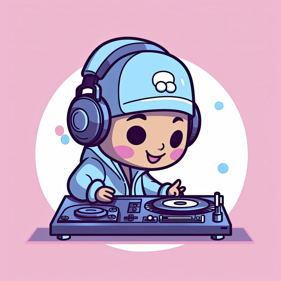 Cute dj playing music cartoon icon illustration. people music icon concept isolated. flat cartoon style, generat ai photo