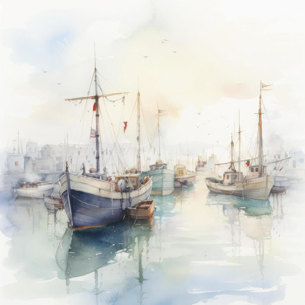 light watercolor, boats at the harbor on white background, Generate Ai photo