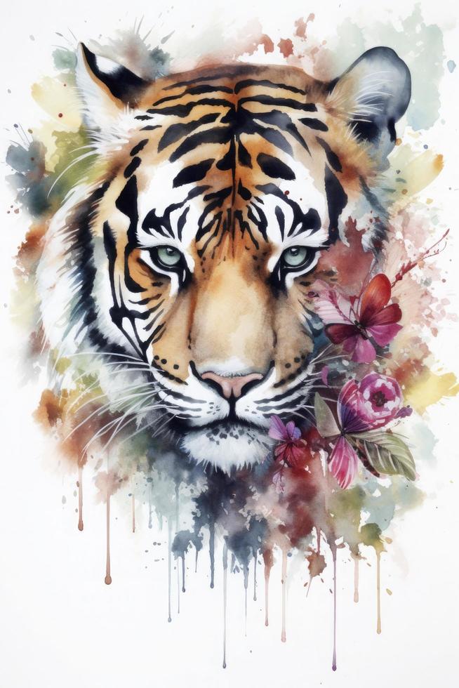 watercolor painting of a tiger with beautiful natural forms with crisp clean shapes, colorful on white background, Generate Ai photo