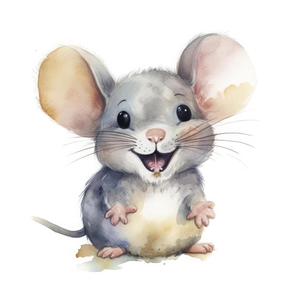 watercolor painting of a smiling baby mouse, soft colors, like in a children's book on white background, generat ai photo