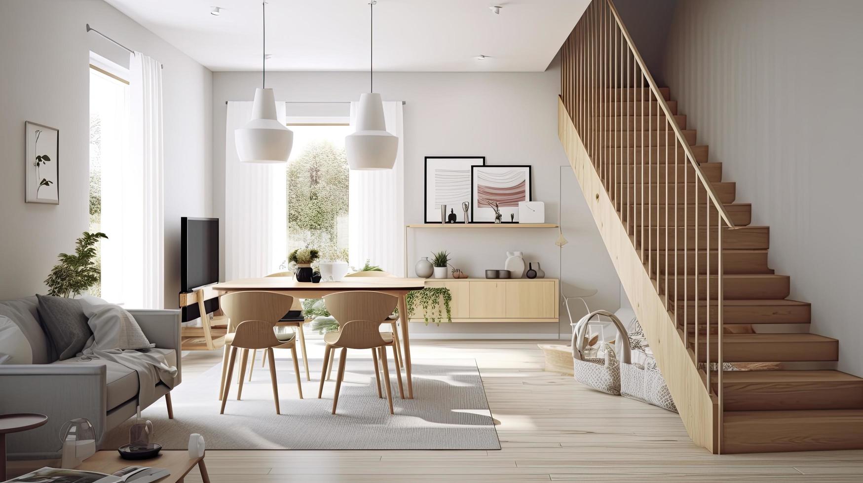 living and dining area with minimalist, functional furniture and a muted color palette, Generate Ai photo