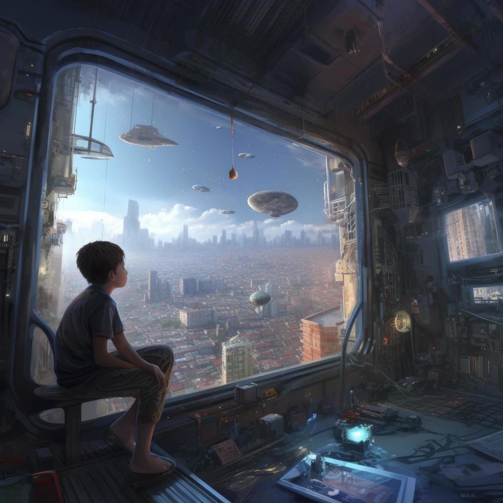 child sitting at apartment window looking outside, mid day sky clouds sci-fi environment, looking into robotic cantilever shipping containers below floating spacecraft cargo god ray lights, generat ai photo