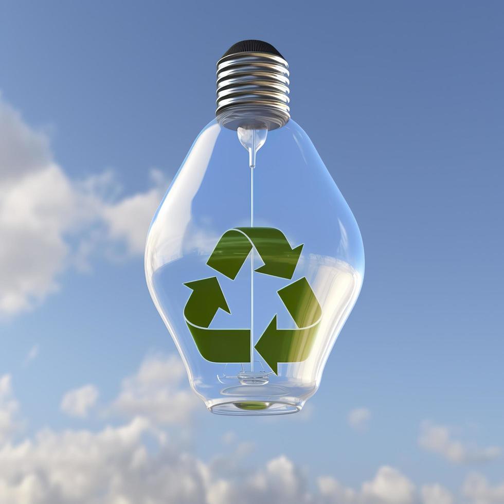 Glass bulb suspended in the air with a blue sky in the background and a green recycling symbol inside it. 3d render, generat ai photo