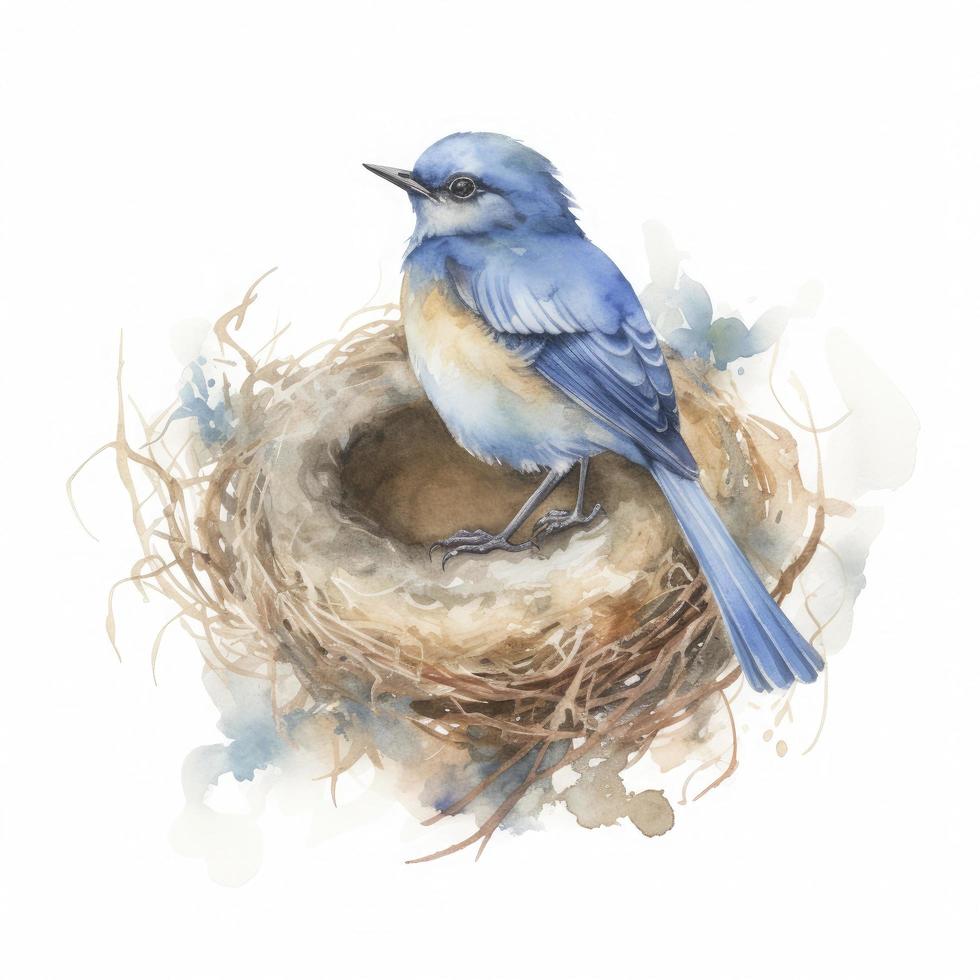 a simple drawing of a bluebird wearing a watercolor washed nest with eggs on it's head in the style of Beatrix Potter on white background, Generate Ai photo