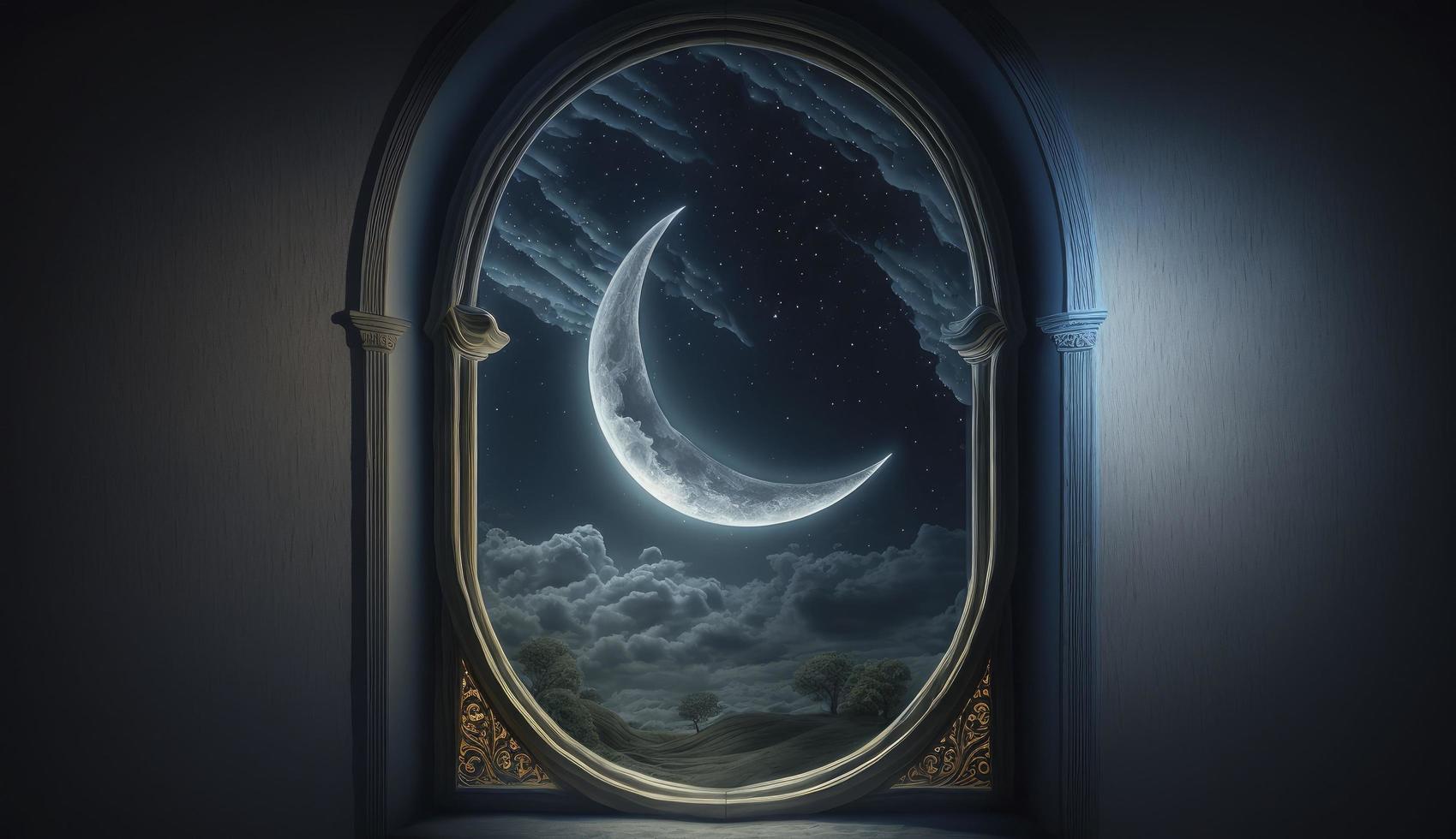 místico ventana con creciente Luna en noche cielo, islámico saludo eid Mubarak para musulmán vacaciones. eid-ul-adha festival celebracion. Arábica Ramadán Kareem, generar ai foto