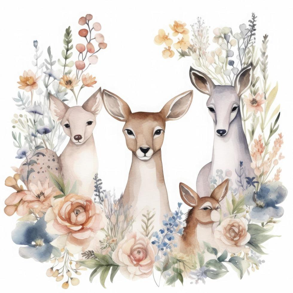 Water color full frame animals with flowers on white background, soft colors, minimalist, Generate Ai photo