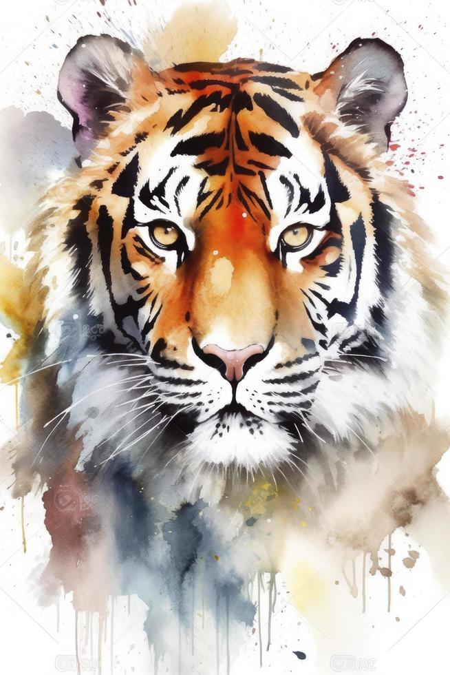 watercolor painting of a tiger with beautiful natural forms with crisp clean shapes, colorful on white background, Generate Ai photo