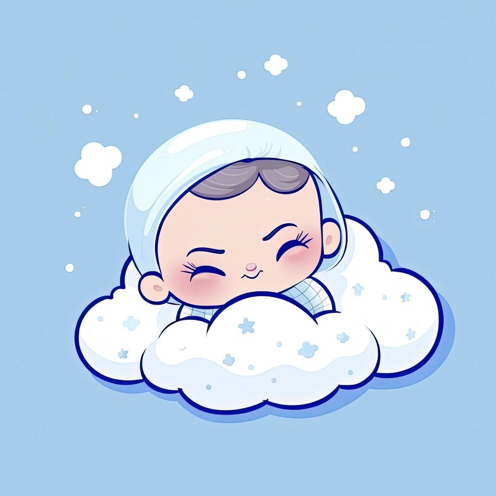 Cute baby sleeping on cloud pillow cartoon icon illustration, generat ai photo