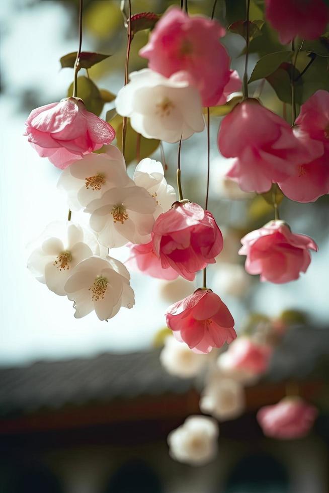 primavera, súper real muchos rosado y blanco seda manzana flores colgando en el estante, rosado y blanco pétalos, azul cielo, generar ai foto